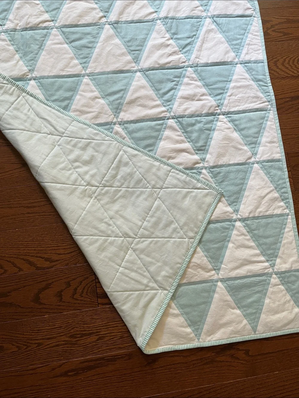 Handmade New Baby Quilt / Aqua and White Triangles